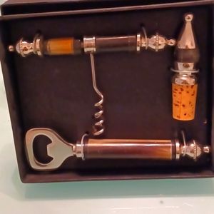Bar Set 3pc set Black Marble Corkscrew Beer Opener Wine Stopper NIB Gift House